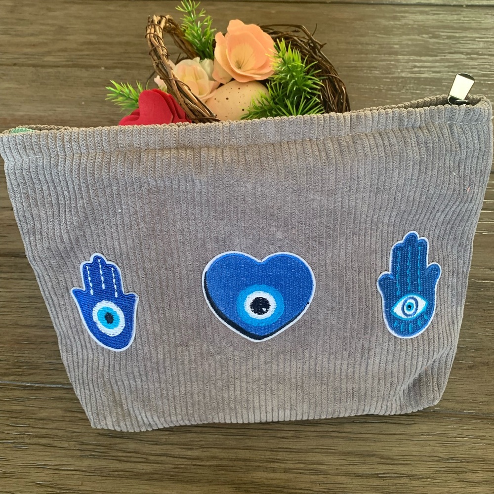 Corduroy Zip Pouch with Eye Patches 2 available specify color grey or off white - Picture 4 of 8